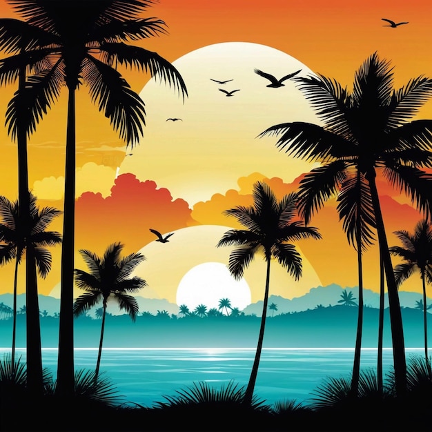 Paysage d'été vectoriel du dimanche des Palmiers avec des silhouettes de palmiers