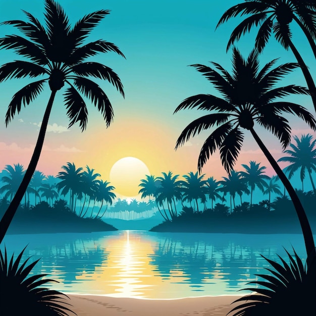 Paysage d'été vectoriel du dimanche des Palmiers avec des silhouettes de palmiers