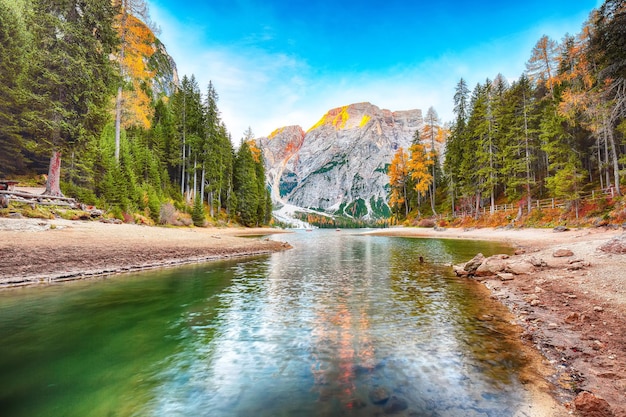 Paysage étonnant du célèbre lac alpin Braies à l'automne