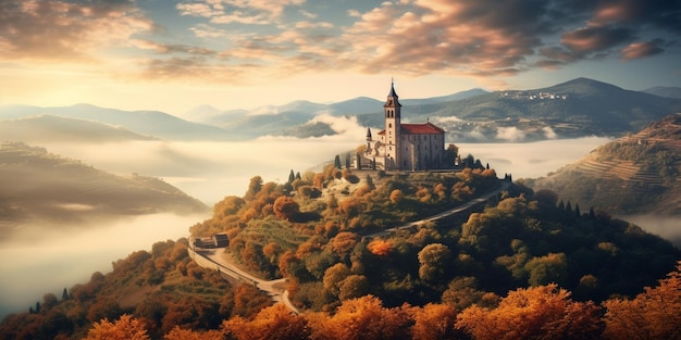 Le paysage étonnant de l'église sur la colline