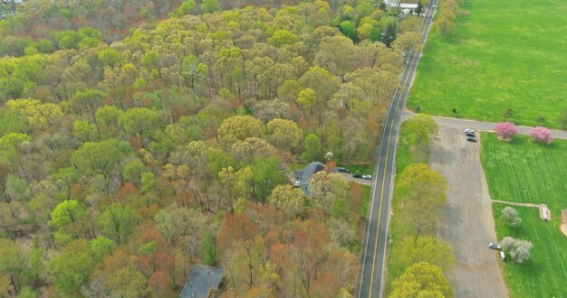 Paysage étonnant d'une scène merveilleuse avec des maisons champ vert forêt vue aérienne de la belle petite ville