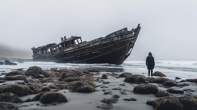 Un paysage étrange Un navire en ruine par un jour nuageux