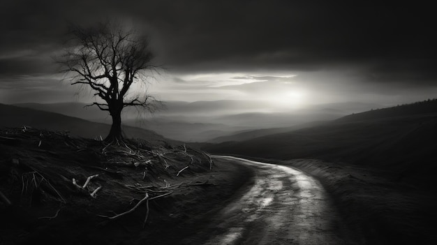 Un paysage étrange en noir et blanc Un arbre solitaire sur une route désolée