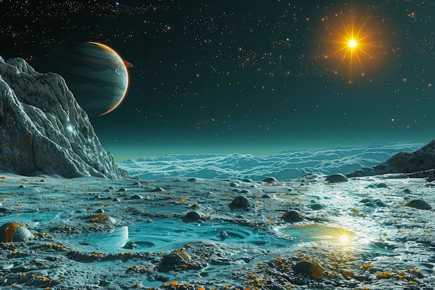 Paysage extraterrestre surréaliste avec des planètes éloignées et des étoiles brillantes Scène de science-fiction fantastique pour