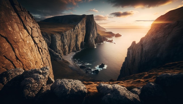 Un paysage avec une falaise et la mer en arrière-plan