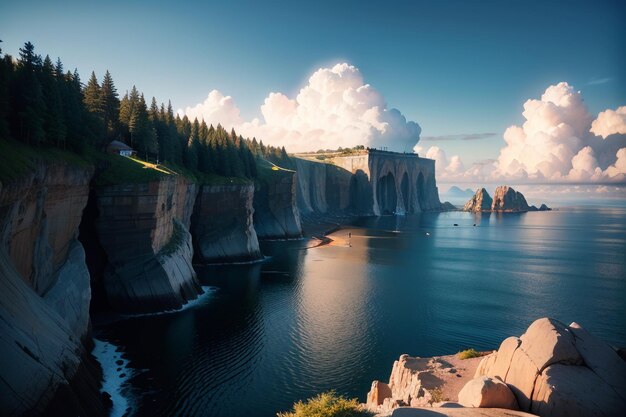 Un paysage de falaise avec un pont au loin