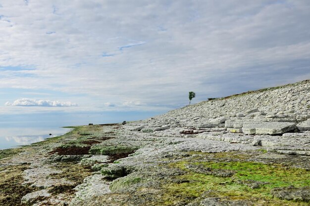 Paysage de falaises calcaires près de la côte panoramique de la plage de la mer bleue sur l'île d'Osmussaar en Estonie