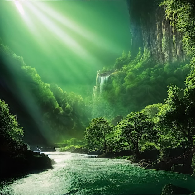 Paysage de fantaisie magique majestueux avec illustration 3D de rayons de soleil de cascade de rivière de montagnes