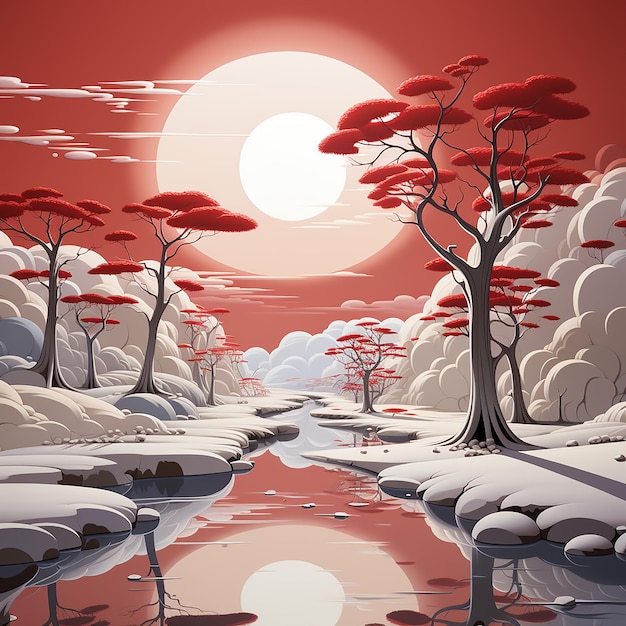 Paysage fantaisiste rouge et blanc en 8K