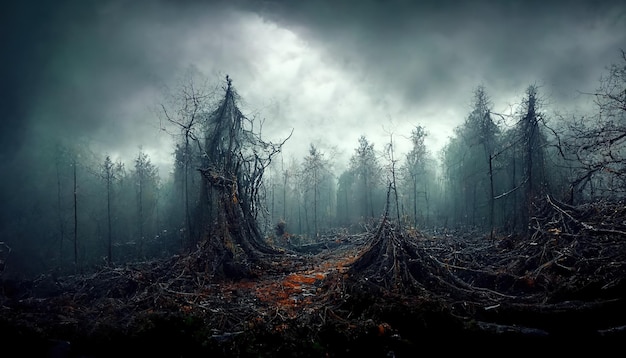 Paysage fantasmagorique de forêt hantée réaliste la nuit Fantasy Halloween fond de forêt Art numérique