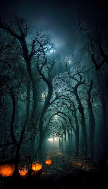 Paysage fantasmagorique de forêt hantée réaliste la nuit Illustration 3D de fond de forêt d'Halloween fantastique