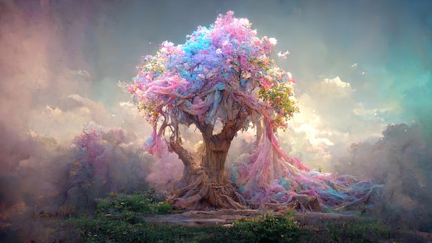 Paysage Fantastique Avec Un Arbre Fantastique Des Désirs Aux Couleurs Rose-bleu