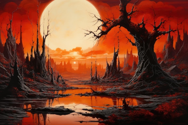 Paysage fantastique avec un arbre mort sur fond de pleine lune Paysage du monde extraterrestre en orange et rouge De nombreuses lunes Postimpressionnisme généré par l'IA