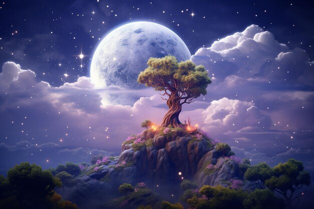 Paysage fantastique avec un arbre et la pleine lune Ai généré