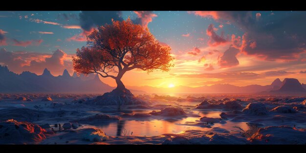 Photo paysage fantastique avec un arbre solitaire au coucher du soleil