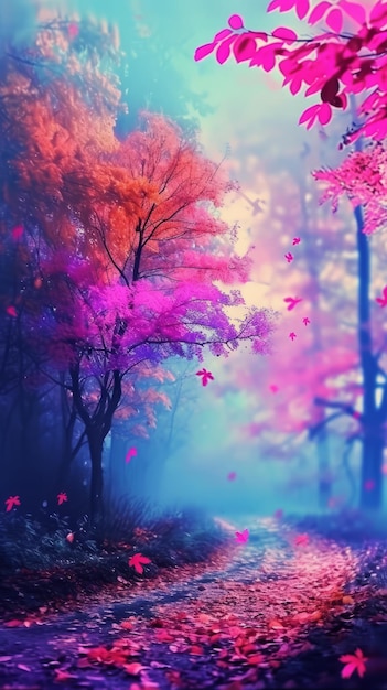 Un paysage fantastique avec des arbres roses et un ciel bleu