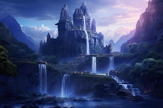 Paysage fantastique avec cascade et château de conte de fées rendu 3D généré par l'IA