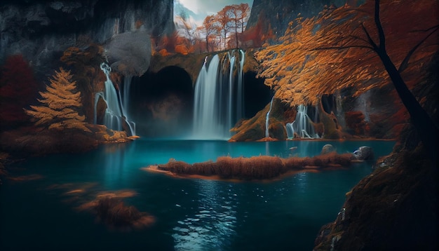 Paysage fantastique avec cascade et lac ai génératif