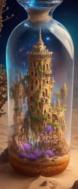 Paysage fantastique avec un château dans une bouteille rendu 3d