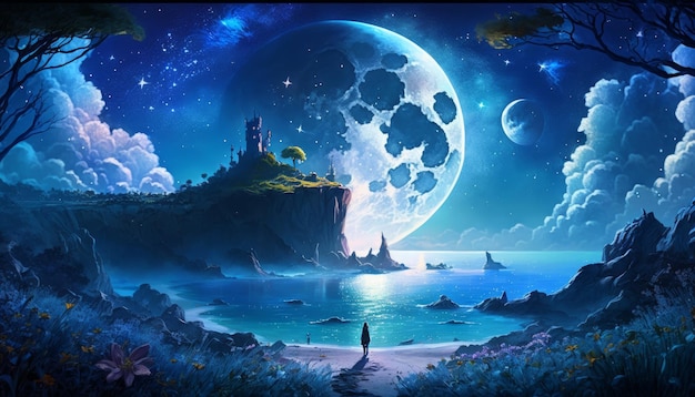 Paysage fantastique avec un château sur la falaise au clair de lune Generative AI