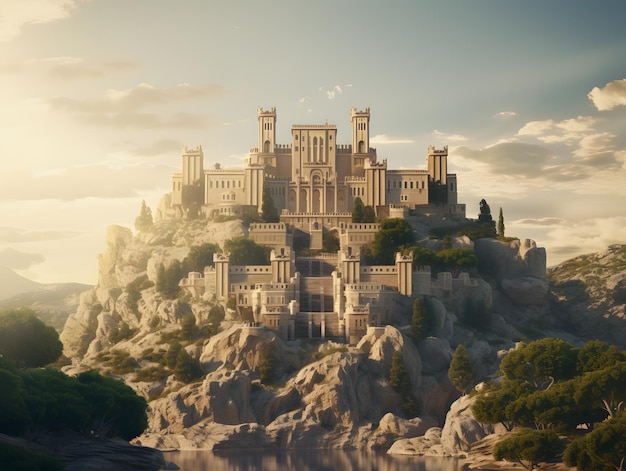 Photo paysage fantastique avec un château fantastique sur la falaise, rendu 3d