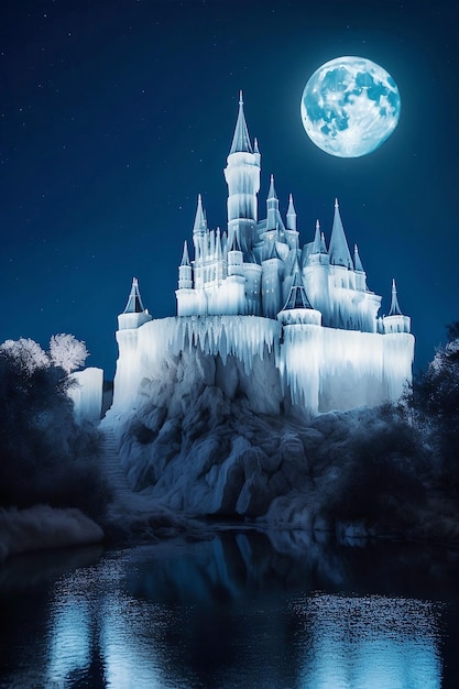 Paysage fantastique de château de glace avec la pleine lune