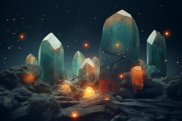 Photo paysage fantastique avec des cristaux et des lumières