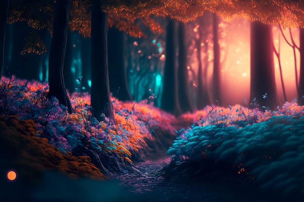 Paysage fantastique du pays des merveilles dans la forêt sombre AI générative