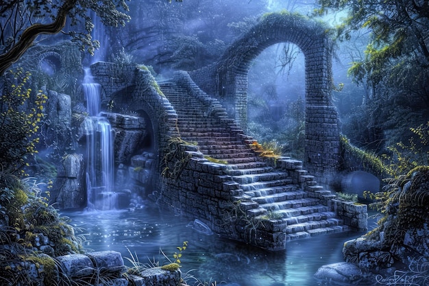 Un paysage fantastique enchanté avec un pont de pierre et des chutes d'eau dans la forêt bleue mystique