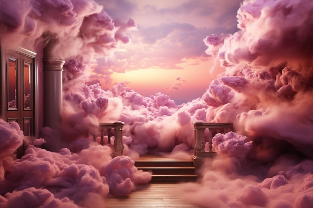 Paysage fantastique avec des escaliers dans les nuages