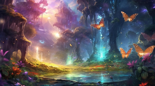 paysage fantastique avec des étincelles et des papillons