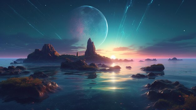 Photo un paysage fantastique avec des étoiles, des planètes et de la mer.