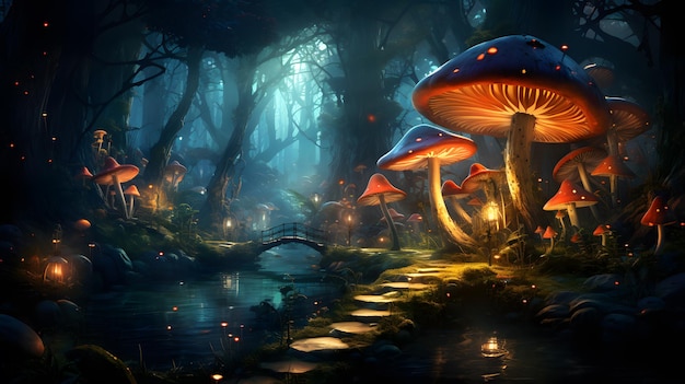 Paysage fantastique fantastique avec pont forestier fantastique et champignons ai généré
