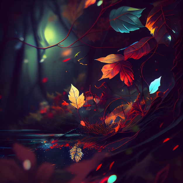 Paysage fantastique avec des feuilles d'automne lumineuses rendu 3d illustration 3d