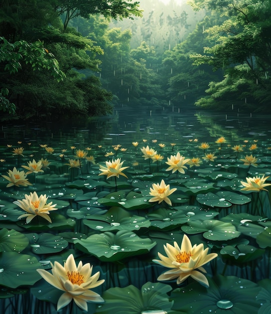 Paysage fantastique avec des fleurs jaunes dans l'étang