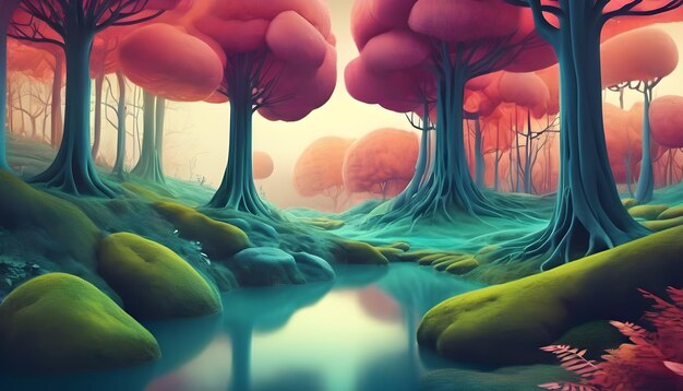 Photo paysage fantastique avec forêt fantastique et lac illustration 3d