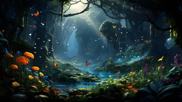 Paysage fantastique avec forêt fantastique et lac Illustration de peinture numérique