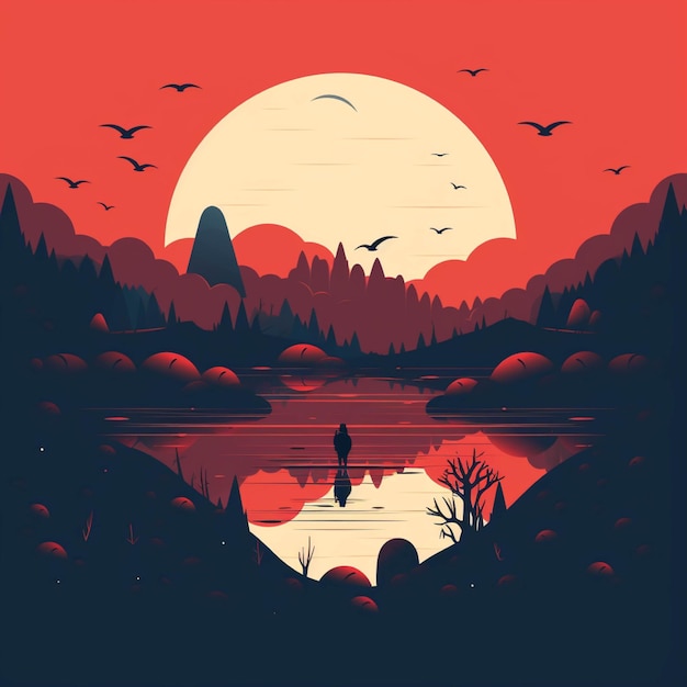 Paysage fantastique avec forêt de lac et coucher de soleil Illustration vectorielle