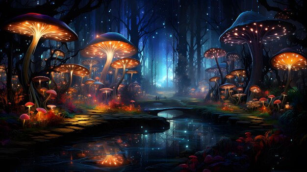 Paysage fantastique avec forêt magique et champignons ai généré