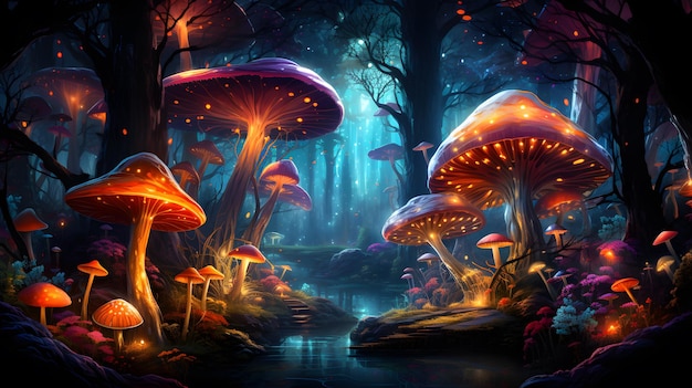 Paysage fantastique avec forêt magique et champignons ai généré