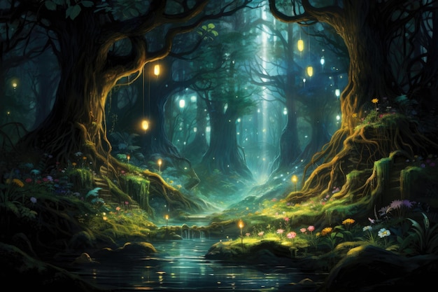Paysage fantastique avec forêt magique et rivière illustration 3D Une forêt enchantée remplie de créatures magiques lumineuses générées par l'IA