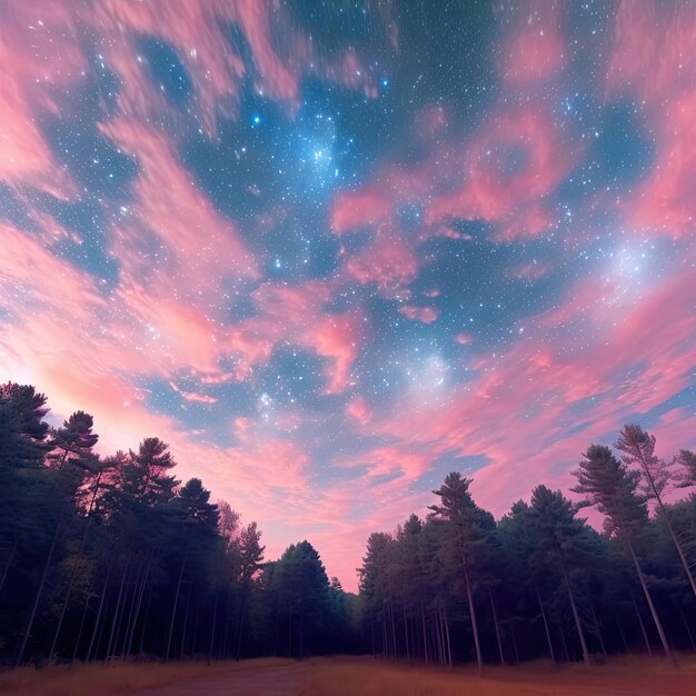 Photo un paysage fantastique avec une forêt de pins et un ciel étoilé.