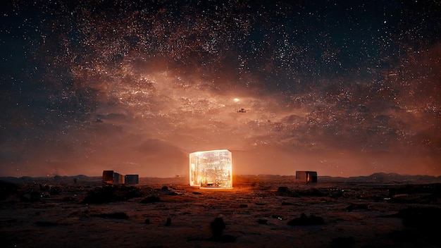 Paysage fantastique futuriste paysage scifi avec planète néon lumière planète froide scène naturelle sombre cube de lumière néon espace galaxie portail espace poussière nébuleuse illustration 3d