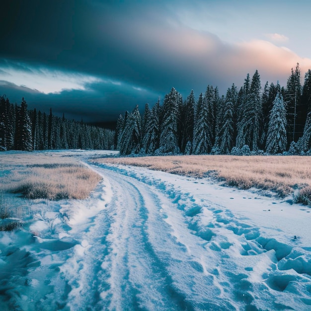 Un paysage fantastique d'hiver en soirée Un ciel nuageux dramatique Un collage créatif Un monde de beauté