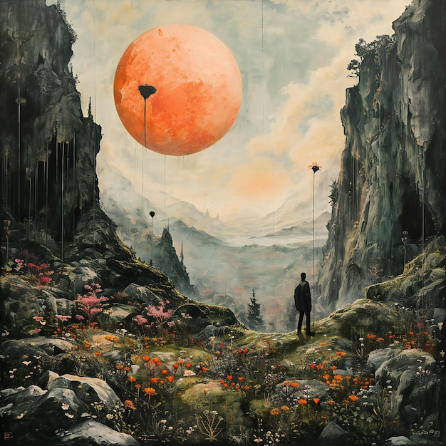 Photo paysage fantastique avec un homme debout sur la falaise et regardant la pleine lune