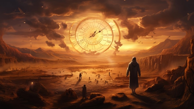 Paysage fantastique avec un homme et une horloge