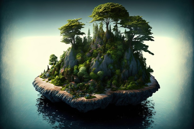 Paysage fantastique avec une île forestière sur la mer AI