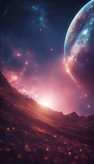 Photo paysage fantastique avec une illustration 3d de planète et de nébuleuse