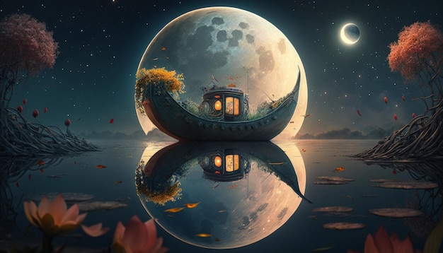 Paysage fantastique avec illustration de l'IA générative de la lune et du bateau