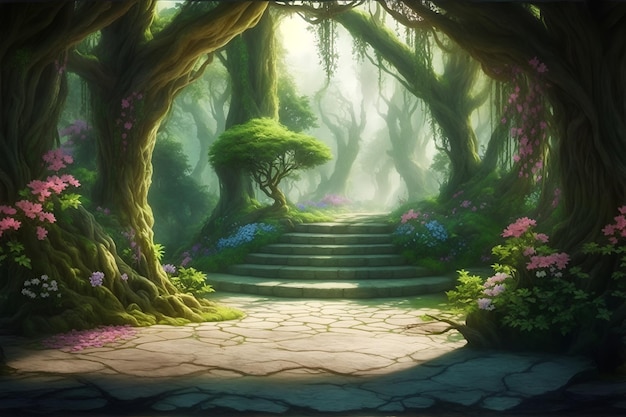Paysage fantastique irréel avec des arbres et des fleurs Jardin d'Eden conte de fées exotique